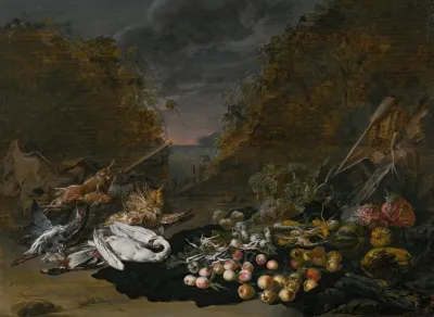 A Still Life Of A Swan And Other Birds With Rabbits Fruit And Vegetables And A Landscape Beyond