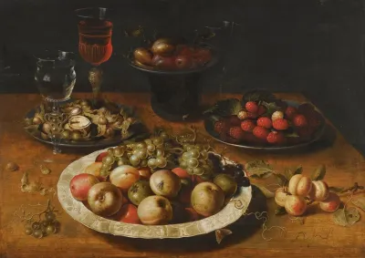 A Still Life Of Apples And Grapes In A Blue And White Porcelain Bowl