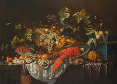 A Still Life Of Assorted Fruits In A Basket A Roemer And Apples Atop A Blue Jewellery Casket