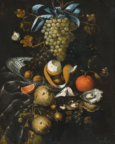 A Still Life Of Blue And White Grapes Walnuts A Half Peeled Lemon And Blackberries In A Wan Li Porcelain Bowl