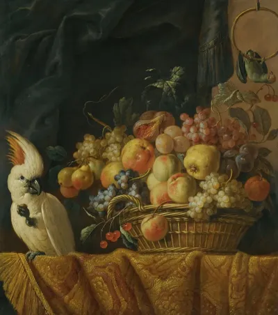A Still Life Of Figs Grapes Apples And Other Fruit On A Table With A Parrot