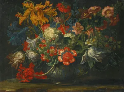 A Still Life Of Flowers In A Blue And White Porcelain Bowl Resting On A Stone Ledge