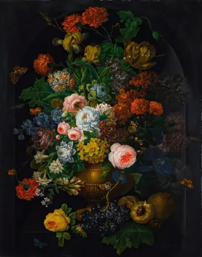 A Still Life Of Flowers In A Vase With Butterflies