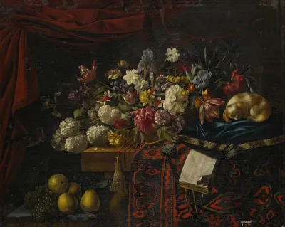 A Still Life Of Flowers Set On A Table With A Carpet A Music Book And A Dog Seated On A Pillow 2