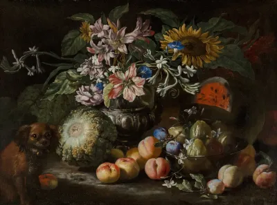 A Still Life Of Fruit And Flowers In A Footed Gadrooned Silver Vase With A Spaniel Looking On