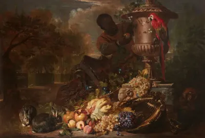 A Still Life Of Fruit On A Silver Dish With Figure Rabbits Parrot And Monkey Beneath A Broken Capital And An Ornamental Urn
