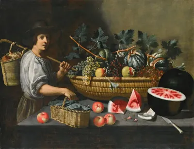 A Still Life Of Grapes Melons And Pomegranates On A Stone Ledge With A Figure Carrying A Basket On The Left