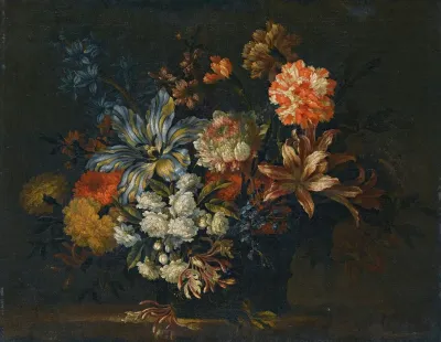 A Still Life Of Lillies Honeysuckle And Other Flowers In A Vase On A Ledge