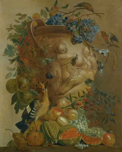 A Still Life Of Melons Grapes Peaches And Other Fruits In A Stone Urn With Birds
