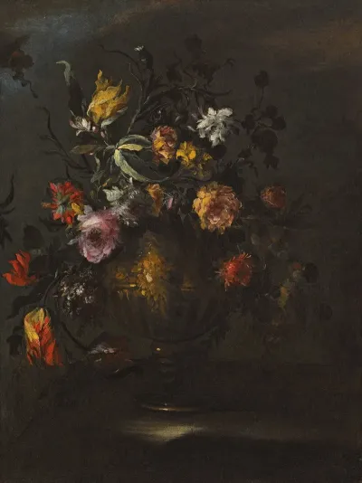 A Still Life Of Roses Tulips And Other Flowers In A Bronze Vase On A Stone Ledge