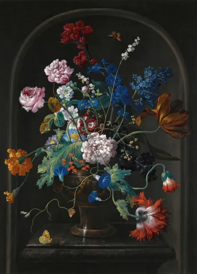 A Still Life Of Roses Tulips Anemones Bluebells And Other Flowers In A Vase In A Stone Niche
