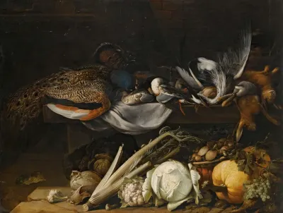 A Still Life Of Song Birds A Peacock And Rabbits On A Ledge With A Pumpkin A Cabbage A Cauliflower Celery Mushrooms And Grapes