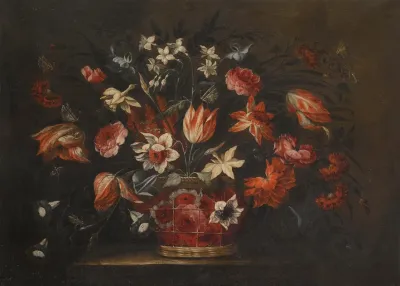 A Still Life With A Basket Of Tulips Carnations And Other Flowers On A Stone Plinth
