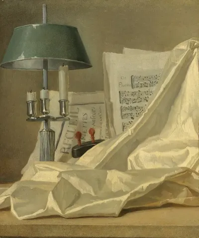 A Still Life With A Bouillette Lamp A Sheet Of Music A Violin Or A Cittern And A White Satin Cloth On A Stone Ledge