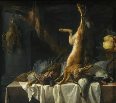A Still Life With A Dead Hare A Duck A Pheasant And Poultry On A Table Draped With A White Cloth Together With A Basket With Fruit