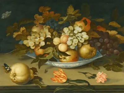 A Still Life With A Delft Bowl Containing Fruit On A Ledge With Flowers Insects And A Lizard