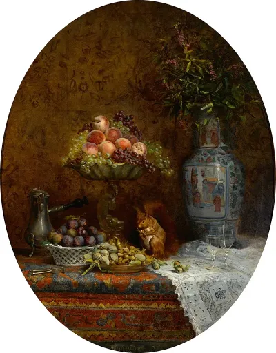 A Still Life With A Hot Chocolate Pot A Basket Of Plums A Compote Holding Grapes And Peaches A Plate Of Nuts A Squirrel And A Chinese Vase