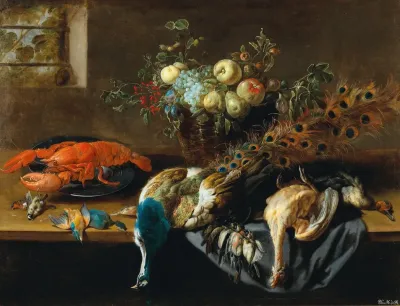 A Still Life With A Peacock Fruit A Lobster And Bird