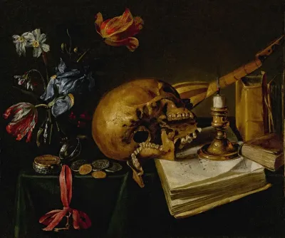 A Still Life With A Skull A Music Book A Snuffed Out Candle A Bouquet Of Dying Flowers And Other Vanitas Objects On A Table