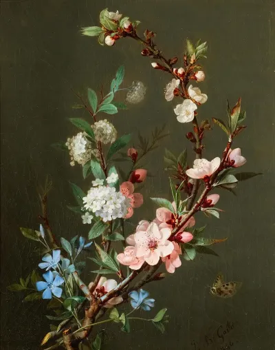 A Still Life With Branches Of Cherry Blossom Periwinkle And Viburnum Together With A Butterfly