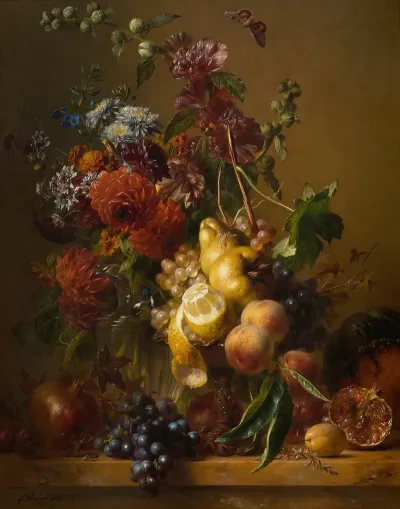 A Still Life With Dahlias Hollyhocks And Other Flowers In A Glass Vase