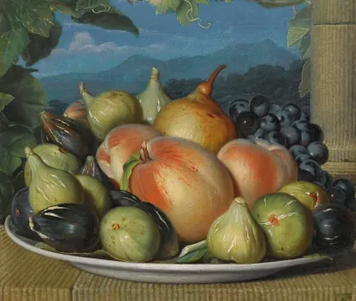 A Still Life With Figs Peaches A Pear And Black Grapes On A White Dish An Extensive Landscape Beyond