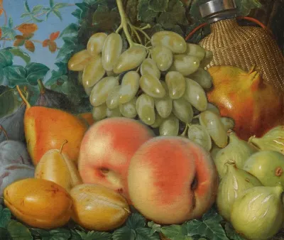 A Still Life With Figs Plums A Pear White Grapes And A Flask