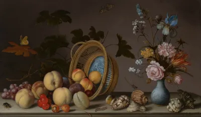 A Still Life With Flowers In A Porcelain Vase Seashells And An Overturned Basket Of Fruit