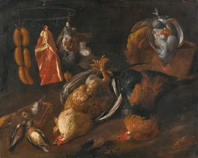 A Still Life With Game And Meats Hanging On A Rail With Other Birds In A Basket And On The Ground