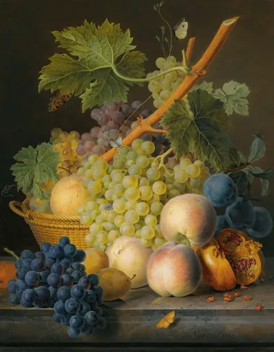 A Still Life With Grapes And Peaches In A Basket An Open Pomegranate Plums Black Grapes And More Peaches All On A Marble Ledge