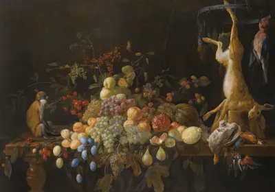 A Still Life With Grapes Figs Apples Oranges Apricots Lemons A Melon Loganberries An Open Pomegranate And Cherries