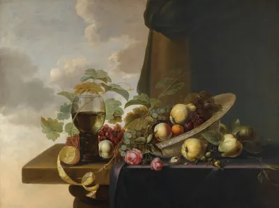 A Still Life With Grapes Pears A Peach And Roses In A Waanli Kraak Porcelain Bowl With A Roemer And A Half Peeled Lemon On A Partly Covered Table Top