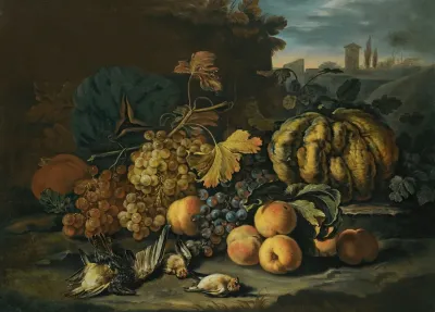 A Still Life With Melons Apples Black And Green Grapes A Pomegranate And Birds On A Forest Floor A Landscape Beyond With A Town On The Horizon