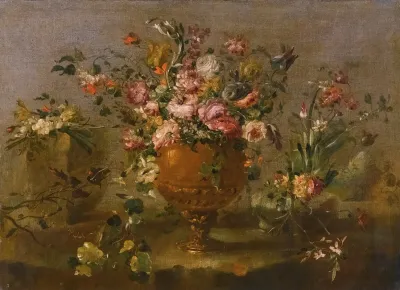 A Still Life With Roses Carnations And Other Flowers In A Vase On A Ledge