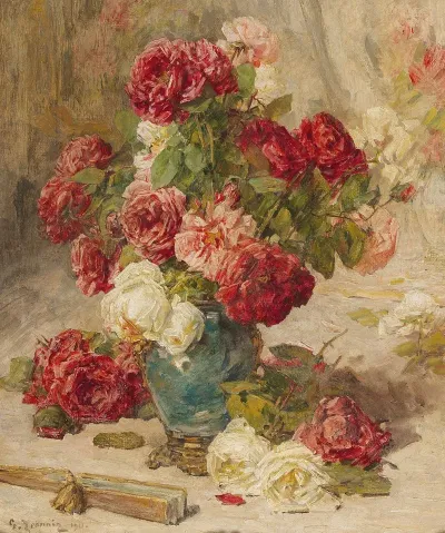 A Still Life With Roses In A Vase And A Fan