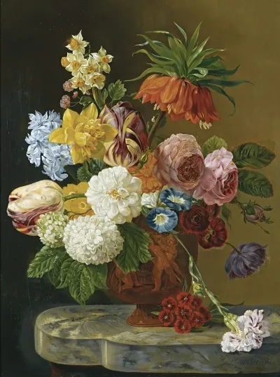 A Still Life With Roses Peonies Tulips Daffodils Carnations And Other Flowers In A Vase