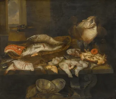A Still Life With Salmon Plaice A Crab And Other Fish Arranged On A Table A View Of The Sea Beyond