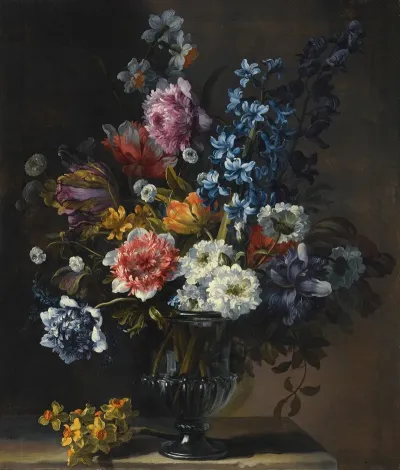 A Still Life With Tulips A Hyacinth And Other Flowers In A Glass Vase On A Stone Plinth