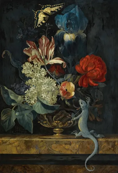 A Still Life With Tulips And Other Flowers In A Vase On A Marble Ledge With A Lizard And A Butterfly