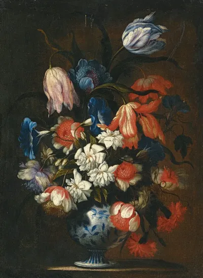 A Still Life With Tulips Carnations And Other Flowers In A Blue And White Porcelain Vase