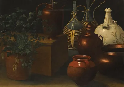A Still Life With Two Wicker Covered Glass Bottles A Jug A Selection Of Other Pots And An Herbaceous Plant
