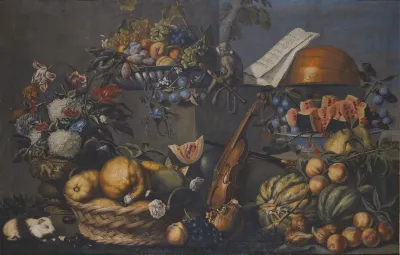 A Still Life With Various Fruits In A Basket And On A Ledge Flowers In A Vase Musical Instruments And A Monkey With A Flute
