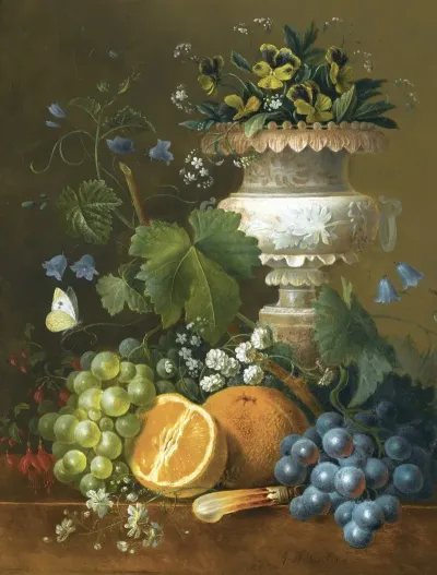 A Still Life With Violets Grapes And Oranges On A Ledge
