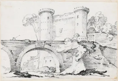 A Stone Bridge And The Fortified Entrance To A Town