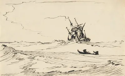 A Storm At Sea With A Large Ship And A Small Boat With Two Figures