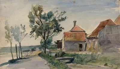 A Stream Running Between Houses And A Road