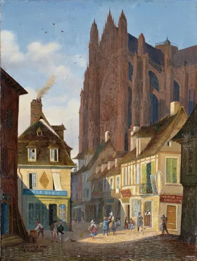 A Street In Chartres With The Cathedral In The Background