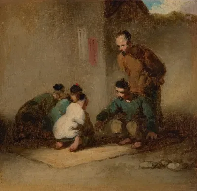 A Street Scene In Macau With Five Men Gambling
