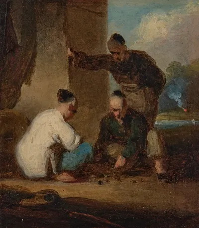 A Street Scene In Macau With Three Men Gambling 2