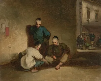 A Street Scene In Macau With Three Men Gambling